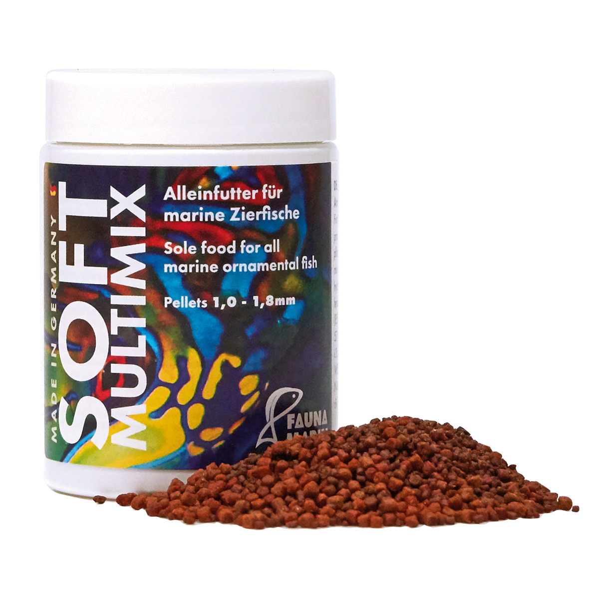 A container of Fauna Marin Soft Multi Mix fish food from EasternMarine Aquariums, featuring German text and designed for marine ornamental reef fish. The label displays vibrant fish graphics, accompanied by a pile of small brown pellets beside the container.