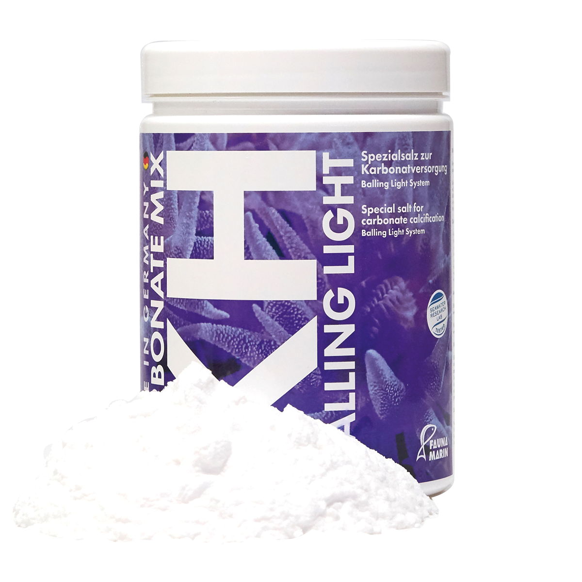 The Fauna Marin Balling Carbonate Mix by EasternMarine Aquariums, ideal for reef tanks, features a container with white powder. Purple and white design elements indicate its use in the Balling light system to optimize carbonate salts.