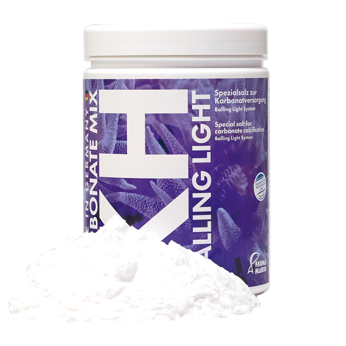 A container labeled Fauna Marin Balling Carbonate Mix by EasternMarine Aquariums, shown with white powder. Designed for reef tanks, it features marine imagery and text in multiple languages for carbonate supplementation in the Balling light system.