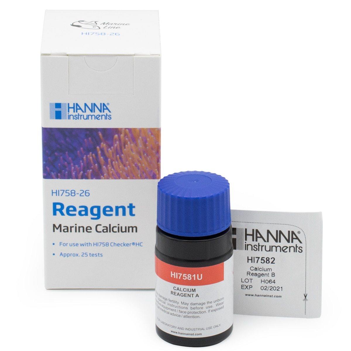 The Hanna Instruments Marine Calcium Checker kit from EasternMarine Aquariums includes a blue-capped bottle labeled HI7581U, a reagent B packet labeled HI7582, and a branded white box in the background. Its product name is Hanna Marine Calcium Reagents HC - HI758-26.