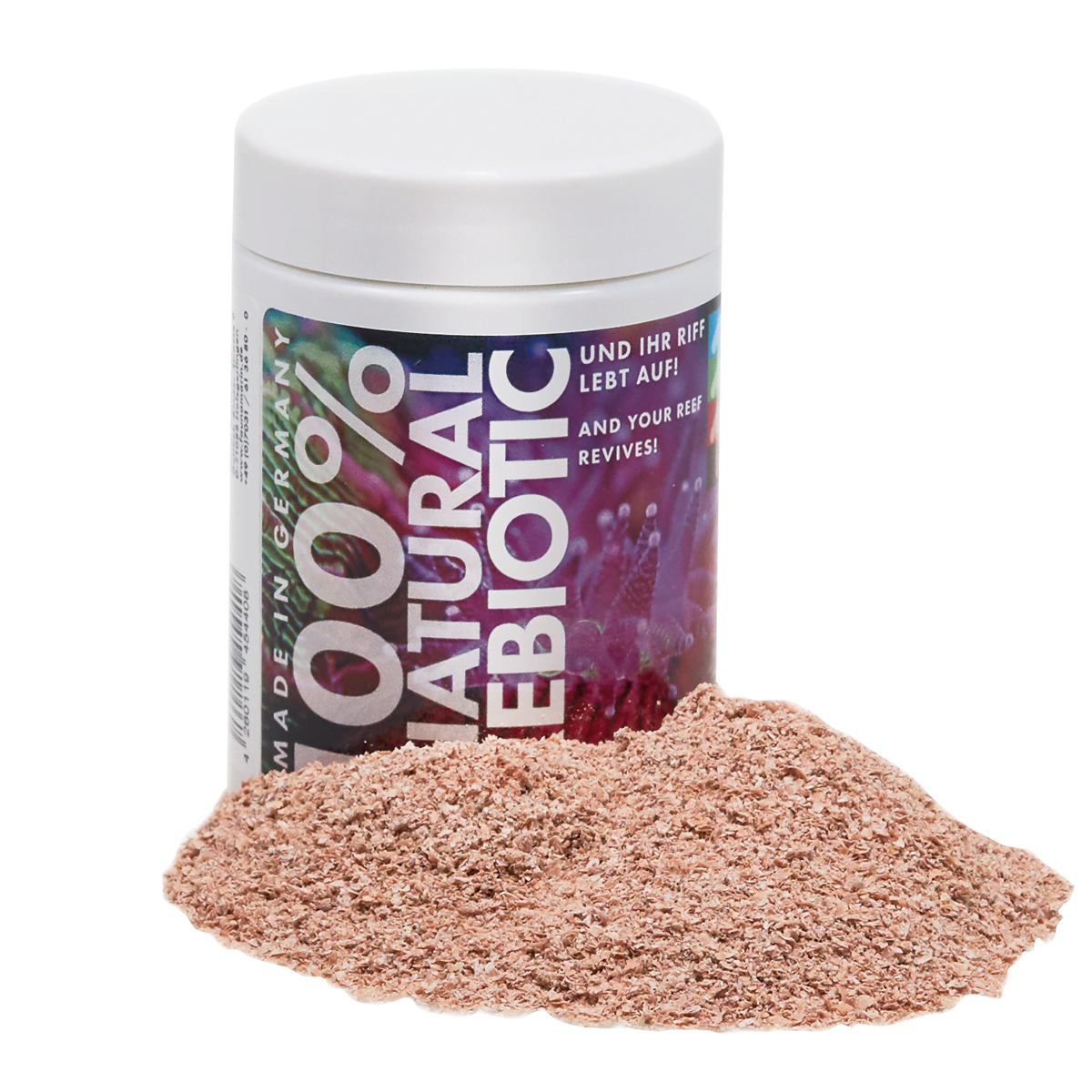 A container labeled Fauna Marin ReBiotic 100% Natural by EasternMarine Aquariums sits beside a mound of pink powder, promoting bacterial stability with bilingual English and German text on a plain white background with a subtle black shadow.
