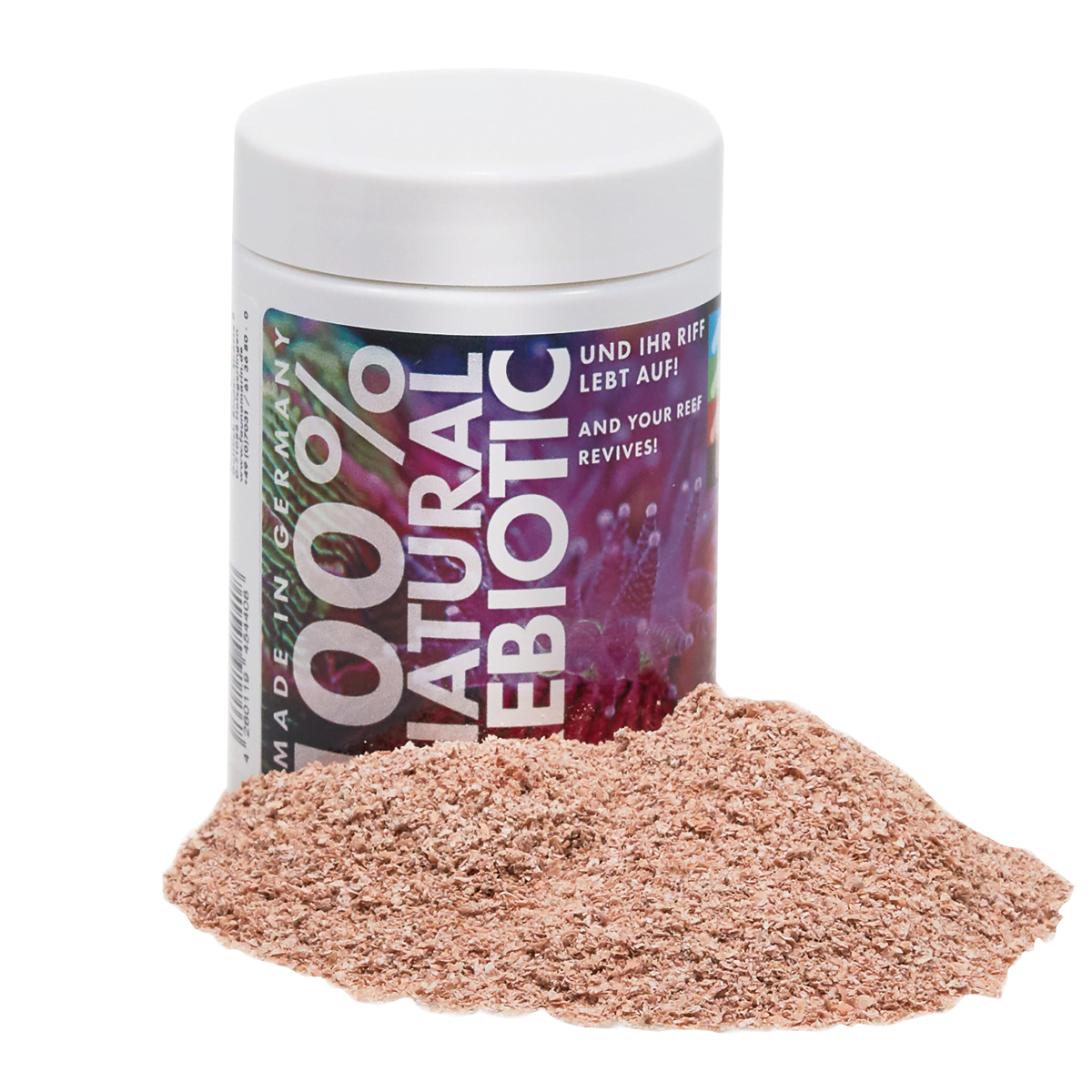 A container of Fauna Marin ReBiotic 100% Natural by EasternMarine Aquariums, featuring bilingual text in German and English on an abstract, colorful label, sits next to a pile of beige powder ideal for maintaining bacterial stability and enhancing the vibrant life of a reef aquarium.