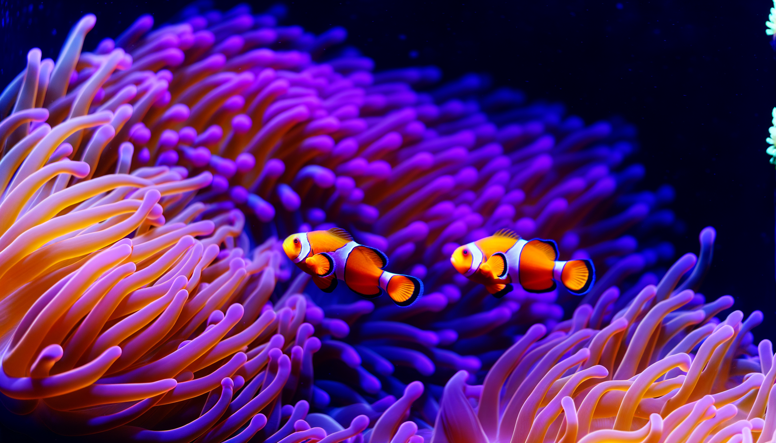 A pair of vibrant orange clownfish nestled in a purple anemone, showcasing the beauty of a reef aquarium.