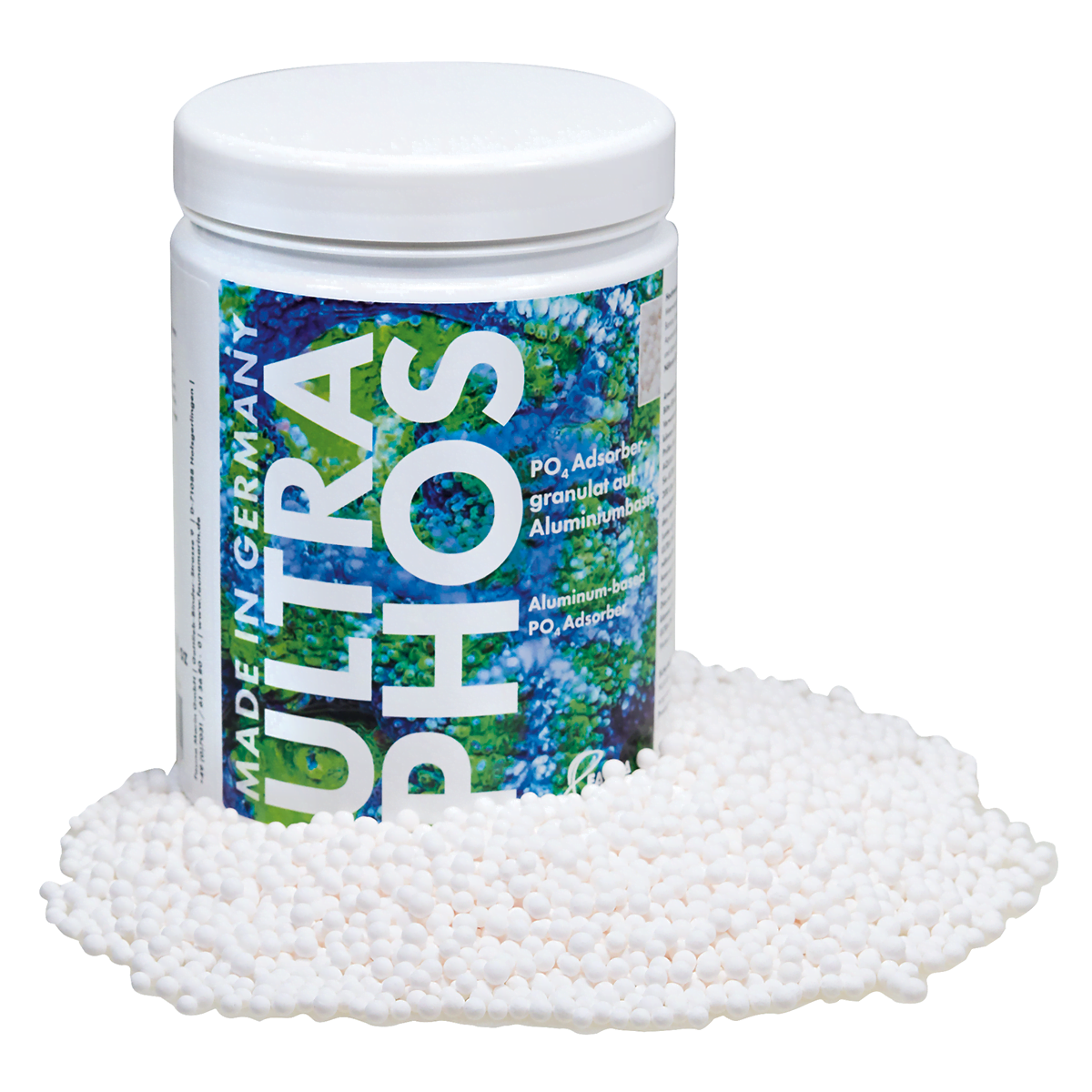 A white container labeled Fauna Marin Ultra Phos by EasternMarine Aquariums, featuring a colorful design, rests among small white granules. Made in Germany, it efficiently removes phosphates, ideal for aquarium algae control as a powerful PO₄ adsorber.