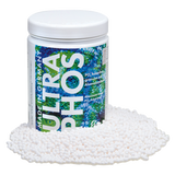 A white container labeled Fauna Marin Ultra Phos by EasternMarine Aquariums, featuring a colorful design, rests among small white granules. Made in Germany, it efficiently removes phosphates, ideal for aquarium algae control as a powerful PO₄ adsorber.