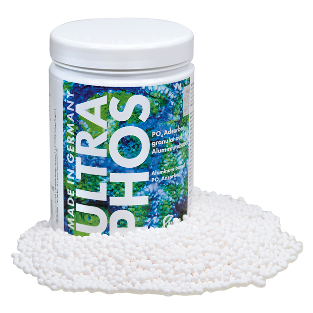 A white container labeled Fauna Marin Ultra Phos by EasternMarine Aquariums, featuring a colorful design, rests among small white granules. Made in Germany, it efficiently removes phosphates, ideal for aquarium algae control as a powerful PO₄ adsorber.