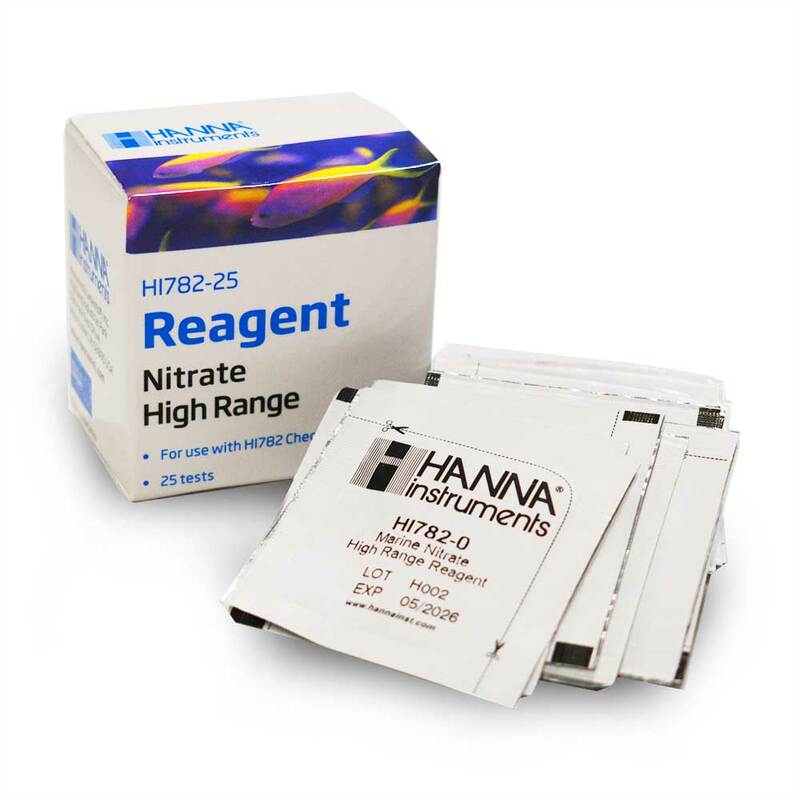 Hanna Marine High Range Nitrate Reagents - HI782-25 by EasternMarine Aquariums features a fish graphic, suitable for 25 tests with the HI782 Checker. Each packet is labeled with lot and expiration details.