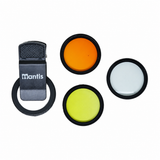 Mantis Coral Lens Kit phone clip and individual orange, yellow and macro lenses