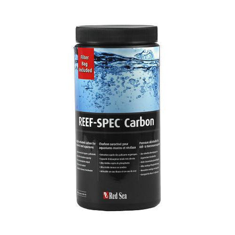 The cylindrical EasternMarine Aquariums Red Sea Reef Spec Carbon container is ideal for marine aquariums, featuring a black label with white text about removing organic pollutants and includes a filler bag on top.