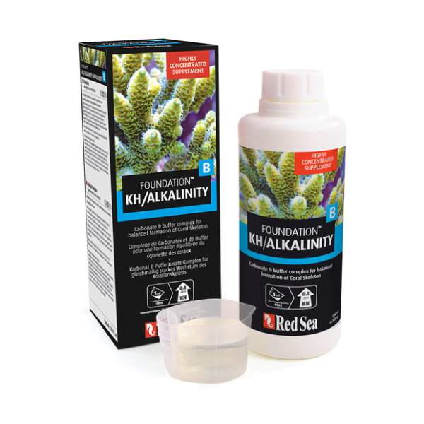 Red Sea Foundation KH/Alkalinity supplement bottle and box with measuring cup.