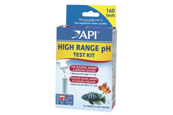 API High Range pH Test Kit for goldfish, marine, and African cichlids, measures pH 7.4-8.8, 160 tests.