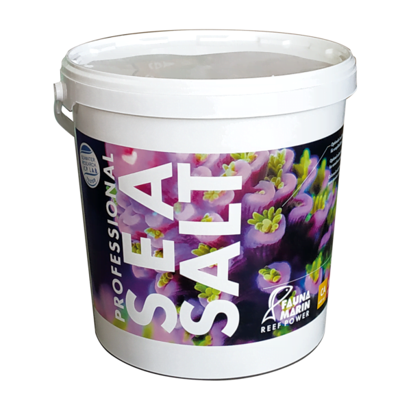 Fauna Marin Professional Sea Salt bucket for reef power, featuring colorful coral images on the label.