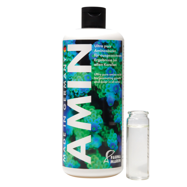 Fauna Marin Amin bottle containing ultra-pure amino acids for promoting growth and color in corals.