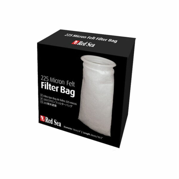 Red Sea 225 Micron Felt Filter Bag in a black box, designed for efficient aquarium water filtration.