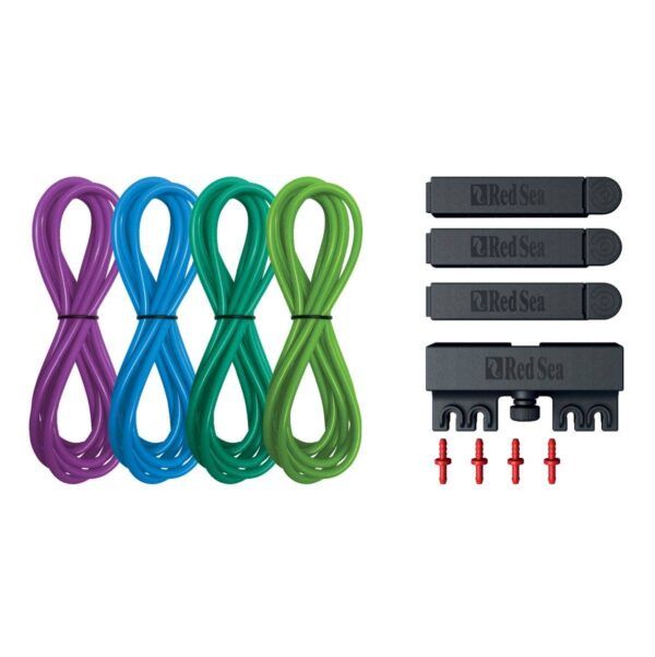 Set of purple, blue, green tubing and black connectors from Red Sea for aquarium use.