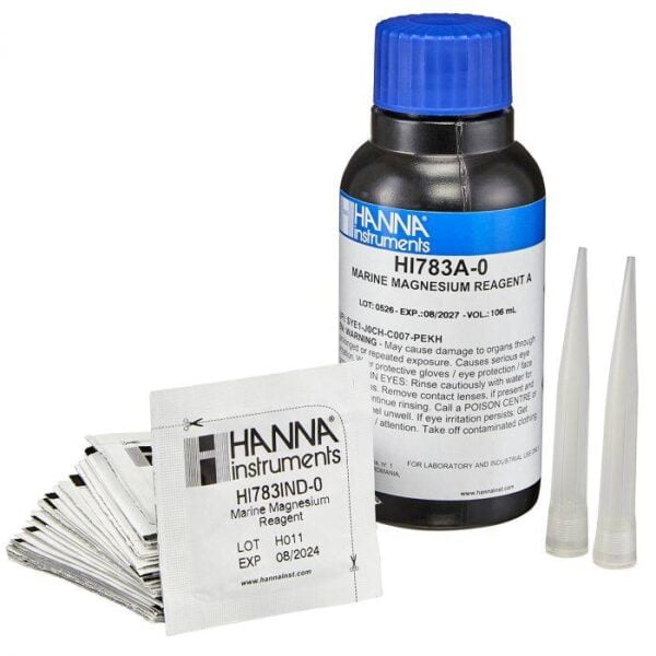 Hanna Instruments Marine Magnesium Reagent A bottle with packets and pipettes for testing.