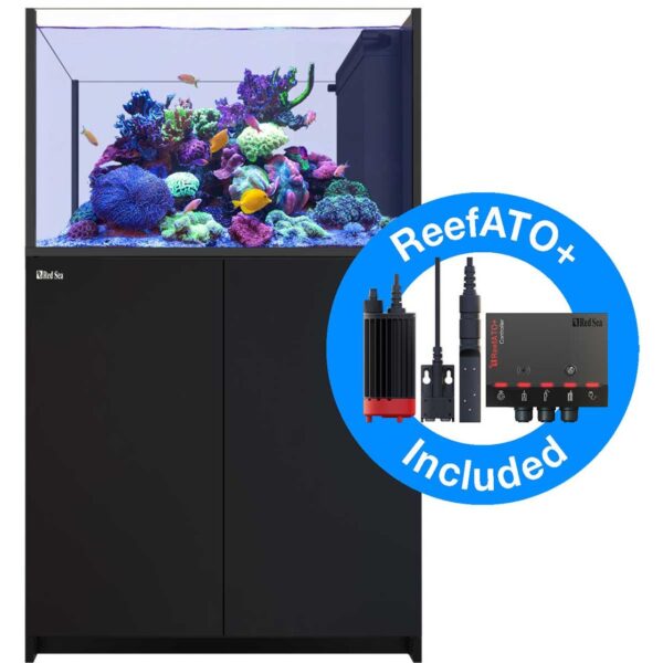 Red Sea reef aquarium with colorful corals and fish, featuring a ReefATO+ auto top-off system.