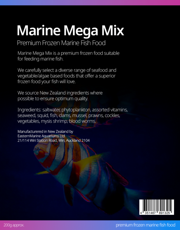 Marine Mega Mix packaging for premium frozen marine fish food by Eastern Marine Aquariums.