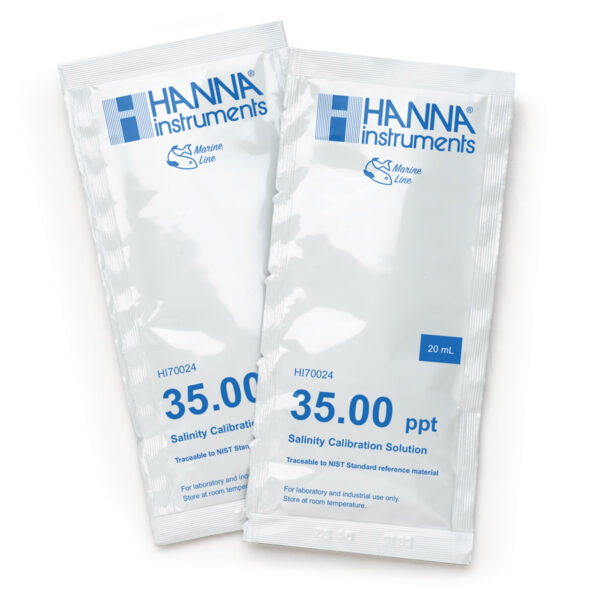 Two packets of Hanna Instruments 35.00 ppt salinity calibration solution, each containing 20 mL of solution.