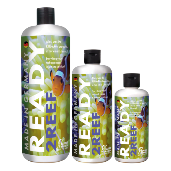 Three Fauna Marin Ready2Reef bottles of different sizes.
