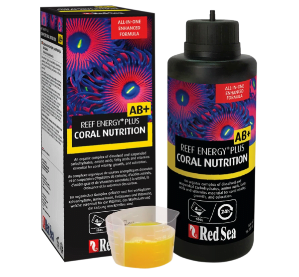 Red Sea Reef Energy Plus Coral Nutrition bottle and box with measuring cup.