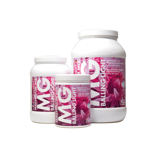 Three sizes of Fauna Marin Balling Light Magnesium Mix containers for magnesium supplementation.