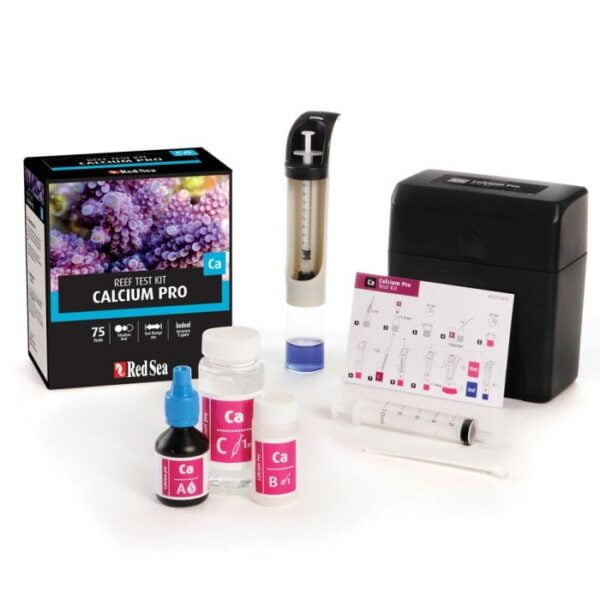 Red Sea Calcium Pro test kit with testing vials, reagents, and instructions for measuring calcium in reef tanks.