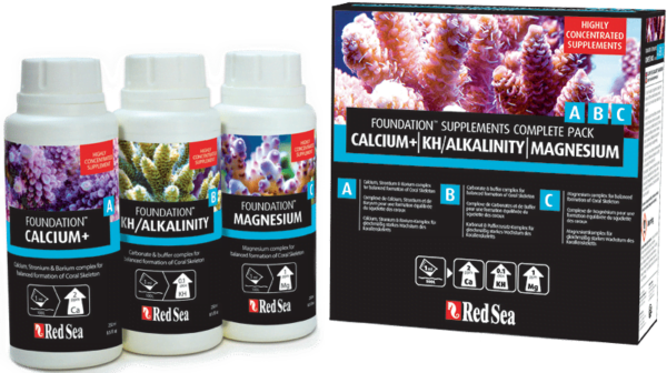 Red Sea Foundation Supplements pack including calcium, alkalinity, and magnesium solutions for coral growth.