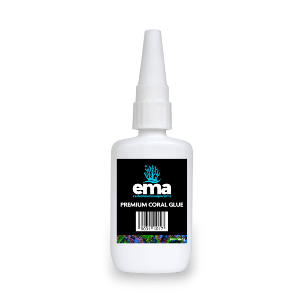 EMA Premium Coral Glue bottle for aquarium use, with Eastern Marine Aquariums logo on the label.