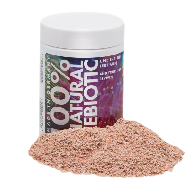 100% Natural Prebiotic powder for reef aquariums, enhancing nutrient levels, in a white jar with powder.