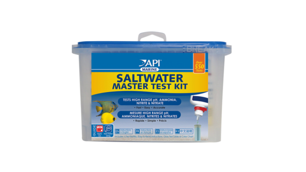 API Marine Saltwater Master Test Kit for testing high range pH, ammonia, nitrite, and nitrate.