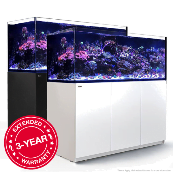 Pair of Red Sea aquariums in black and white, showcasing vibrant coral reefs and fish with extended warranty.