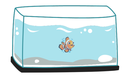 Illustration of a fish tank with a single clownfish swimming inside.